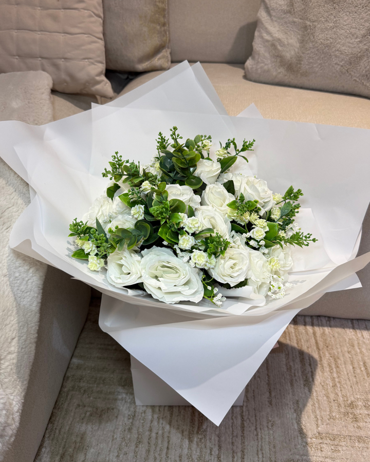 White Forever Roses with Eucalyptus Bouquet