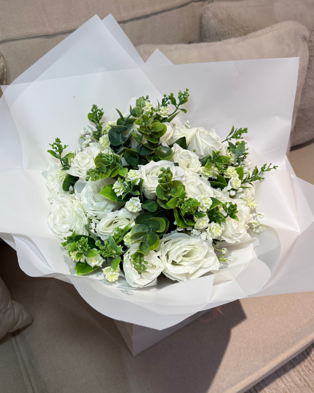 White Forever Roses with Eucalyptus Bouquet
