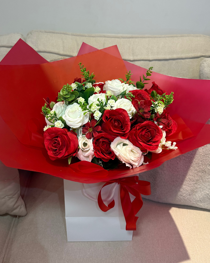 Red & Ivory Rose Eucalyptus Forever Bouquet