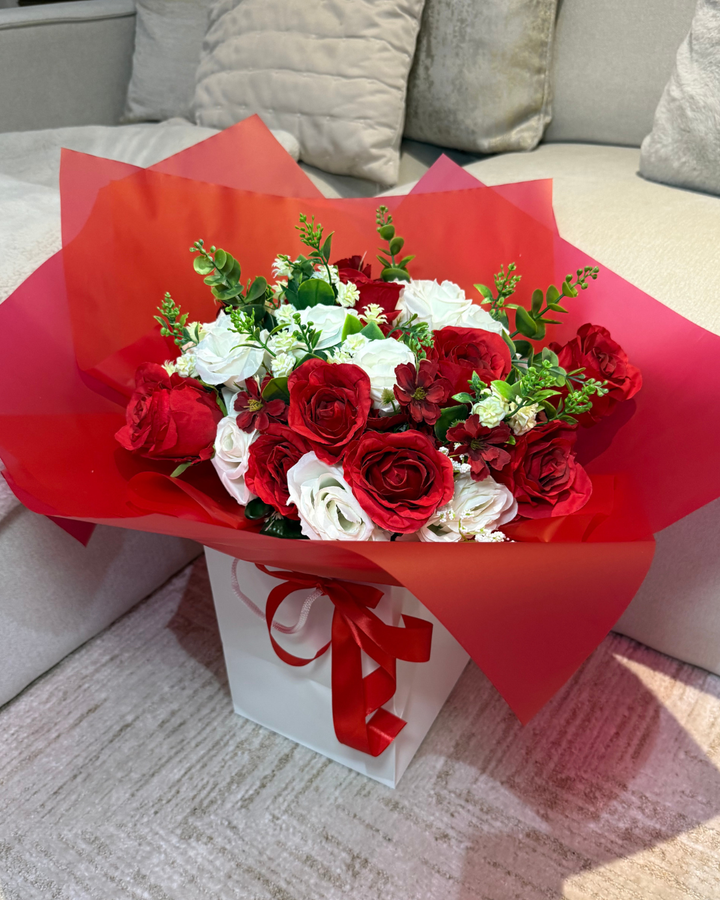 Red & Ivory Rose Eucalyptus Forever Bouquet