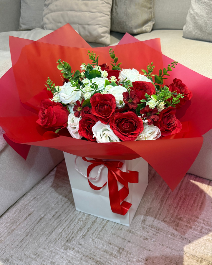 Red & Ivory Rose Eucalyptus Forever Bouquet