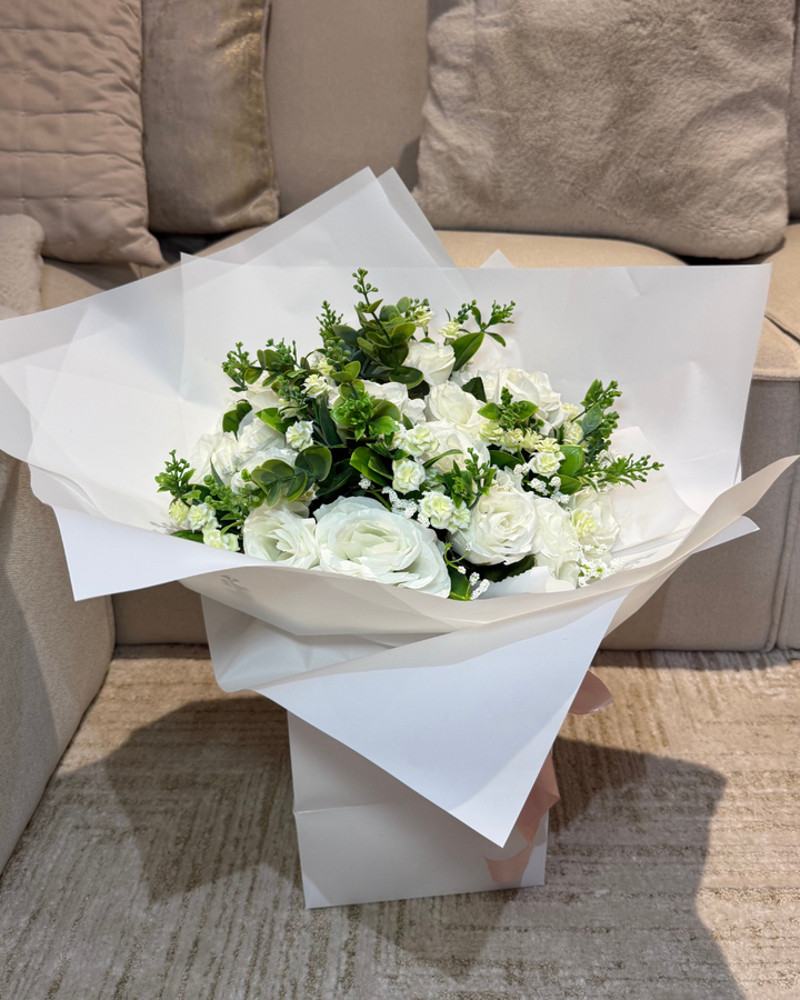 White Forever Roses with Eucalyptus Bouquet